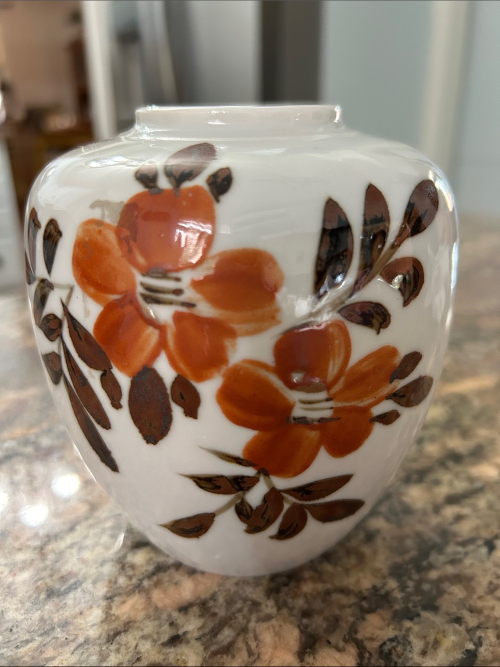 Lego White Stone Mid-Century Decor White Ceramic Vase w/Orange Floral Design